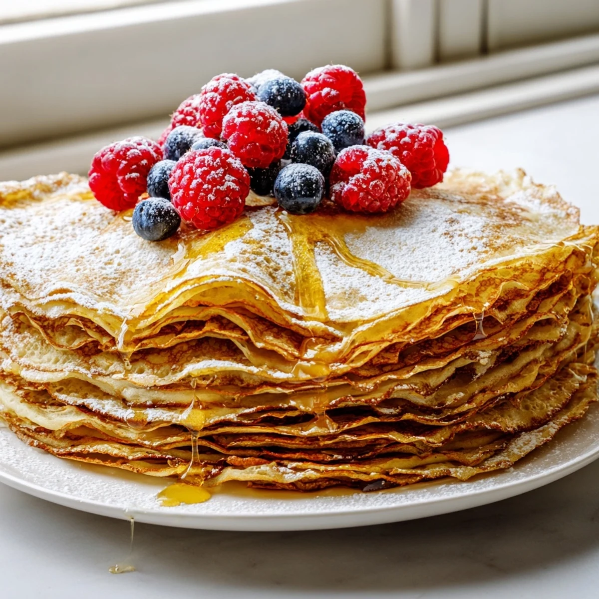 Stack of light and airy crepes with honey drizzle garnished with fresh powdered sugar