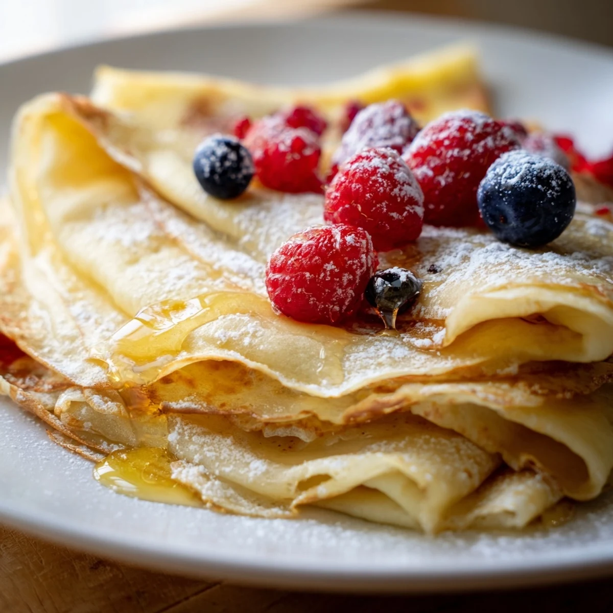 Warm breakfast crepes with honey drizzle showcasing their golden edges and luscious sweet topping