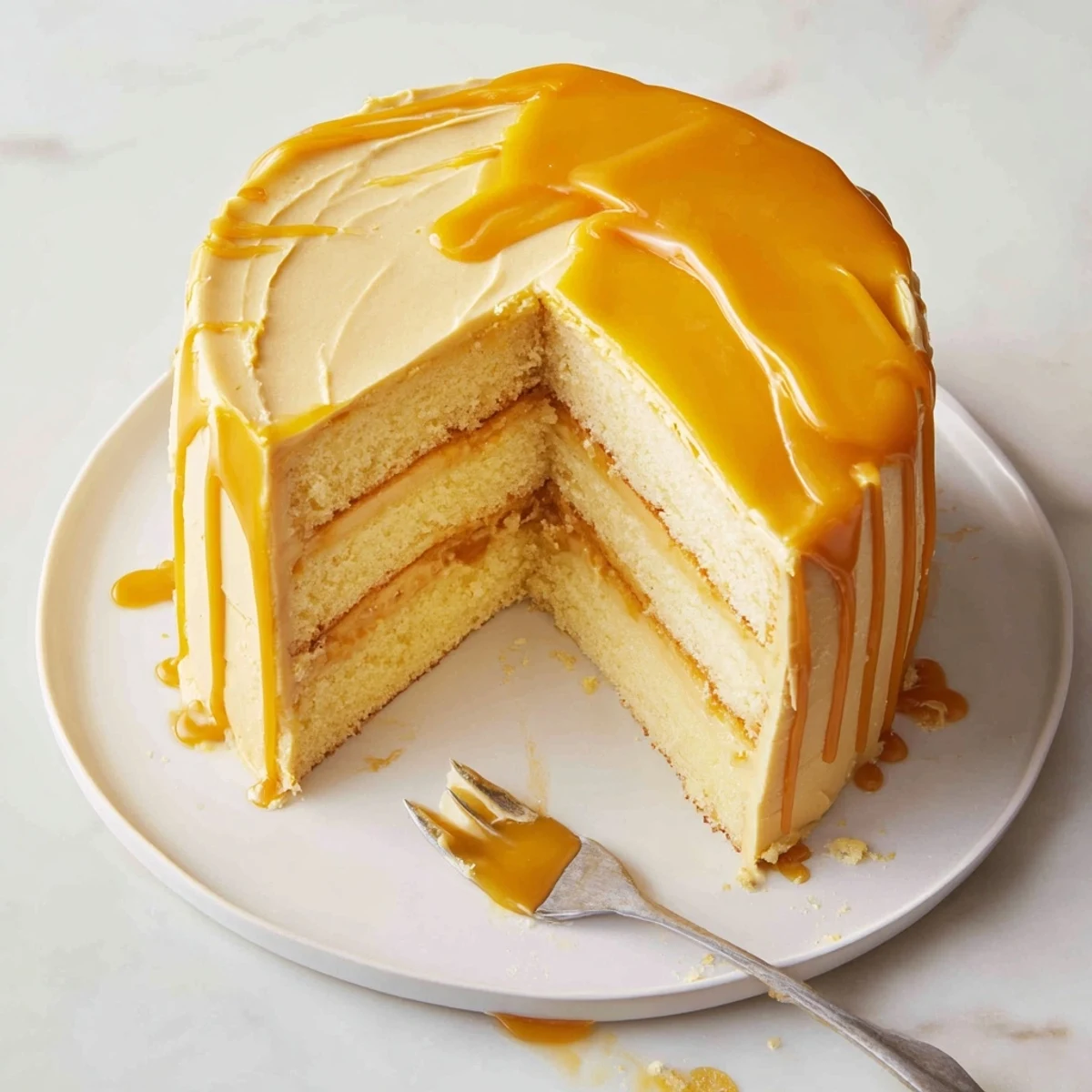 Rich caramel cake layered with silky buttercream frosting and glossy amber drizzle on serving plate