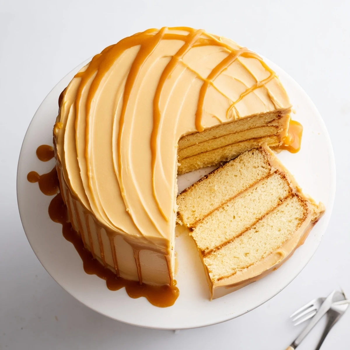 Decadent caramel cake slice revealing tender crumb and thick caramel frosting on white porcelain