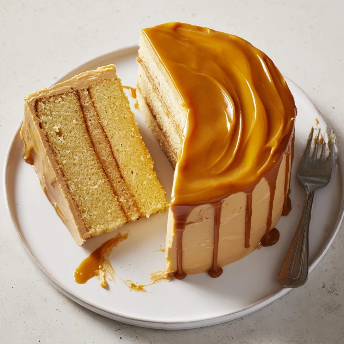 Three-layer caramel cake topped with golden caramel sauce and fluffy frosting for special occasions