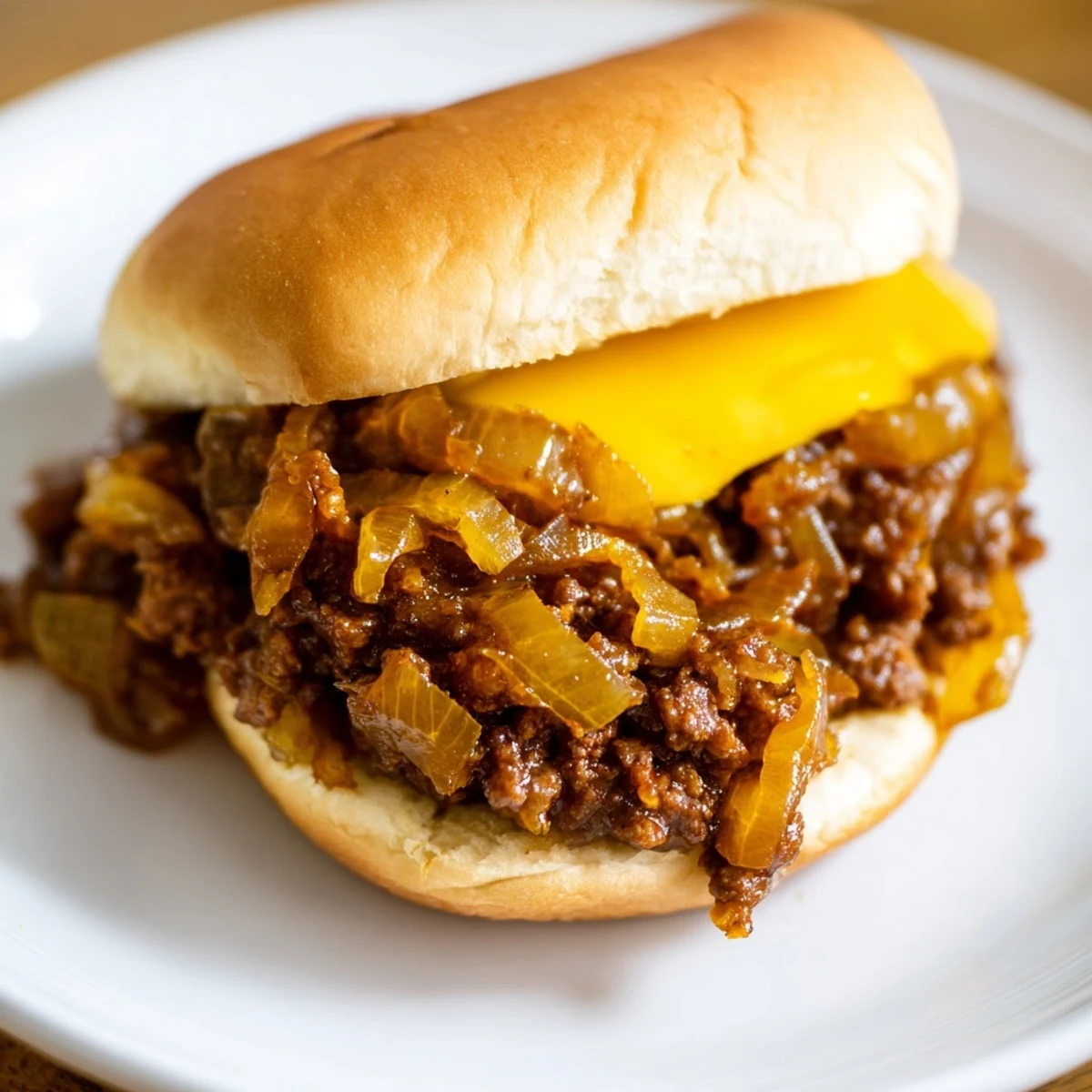 Hearty French Onion Beef Sloppy Jones featuring juicy ground beef and sweet caramelized onions nestled between soft hamburger buns with bubbly Swiss cheese