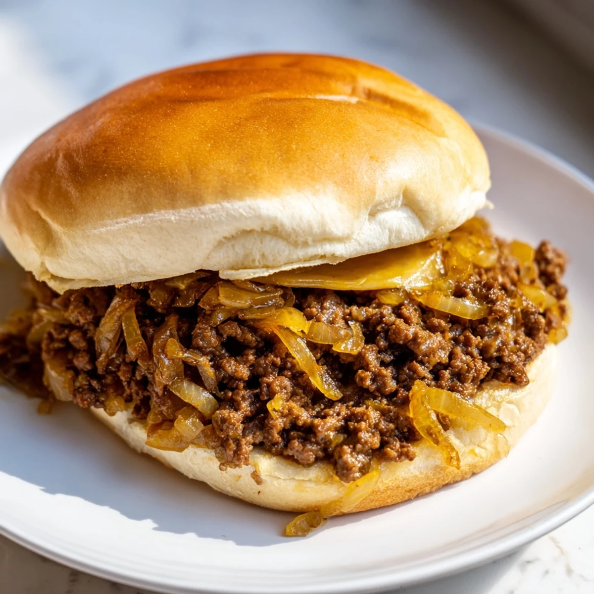 Classic French Onion Beef Sloppy Joes sandwich with rich beef and onion mixture overflowing from a toasted bun under a layer of melted Gruyère cheese