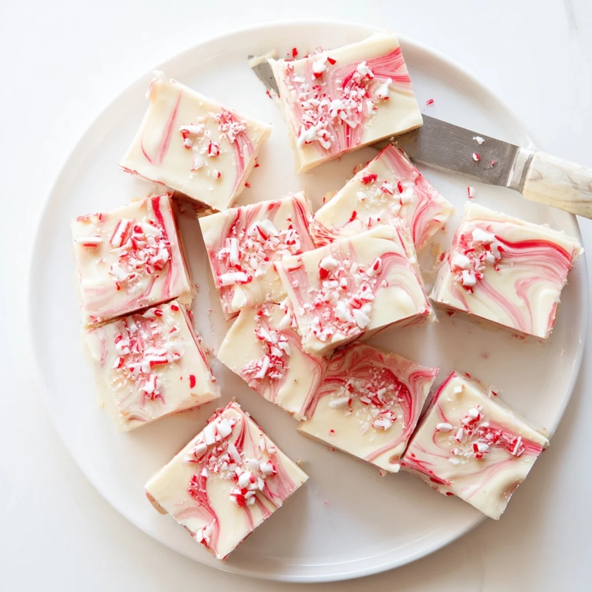 Creamy peppermint swirl fudge squares topped with crushed candy cane pieces on white plate