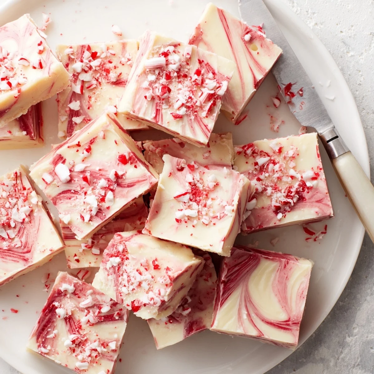 Festive peppermint swirl fudge showing swirled pattern and peppermint candy topping on cutting board