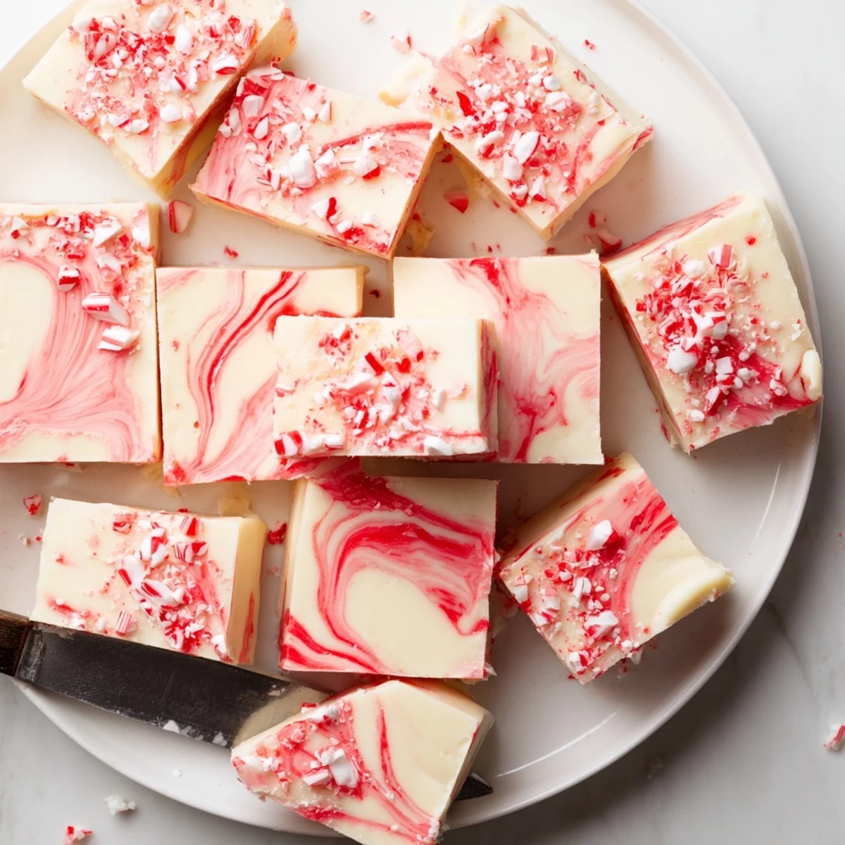 Marbled white and red chocolate peppermint swirl fudge arranged on decorative holiday serving tray
