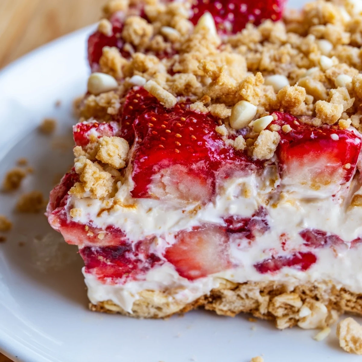 Slice of strawberry cheesecake crunch topped with crispy graham crumble and juicy red strawberries
