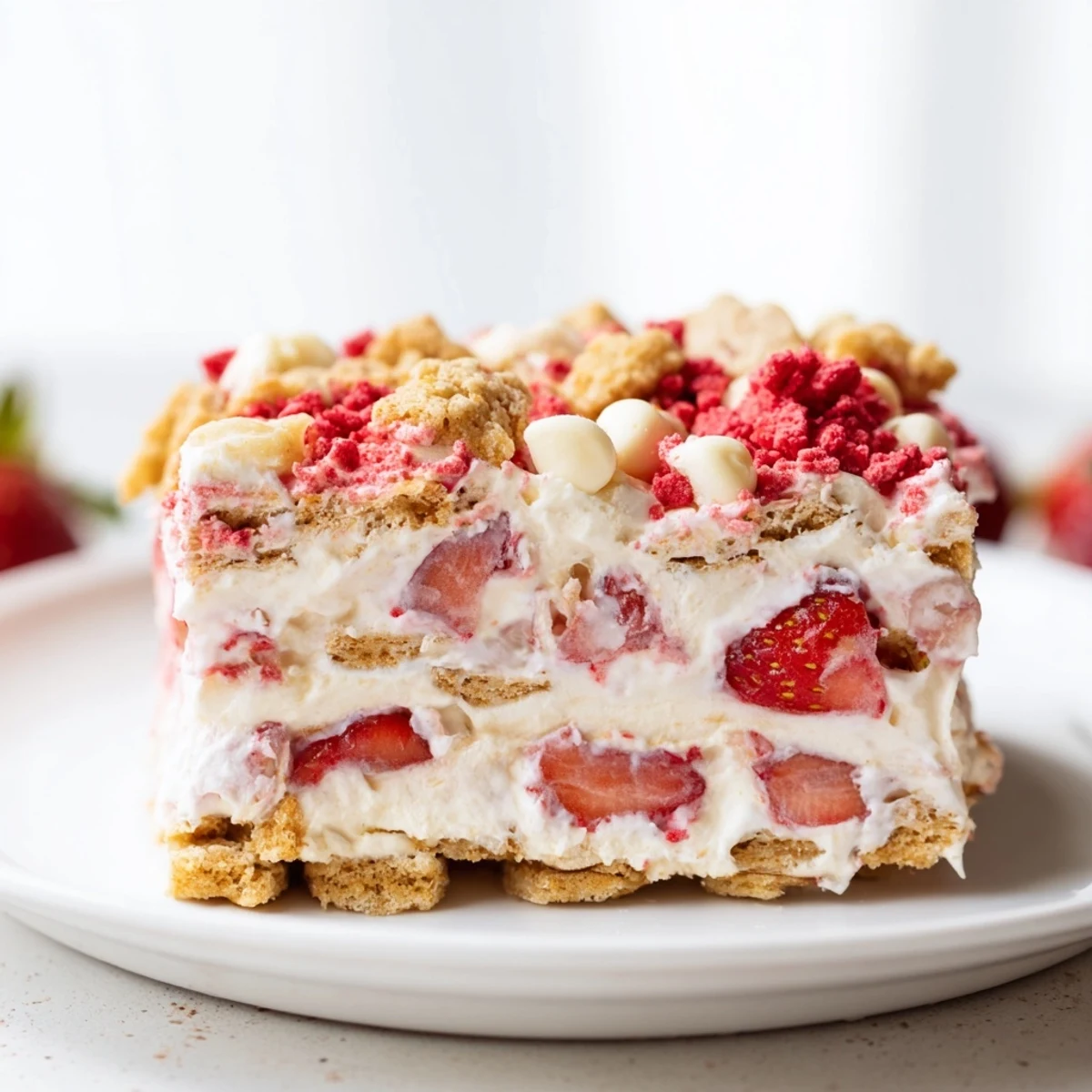 Golden strawberry cheesecake crunch dessert with layers of creamy filling and fresh berries