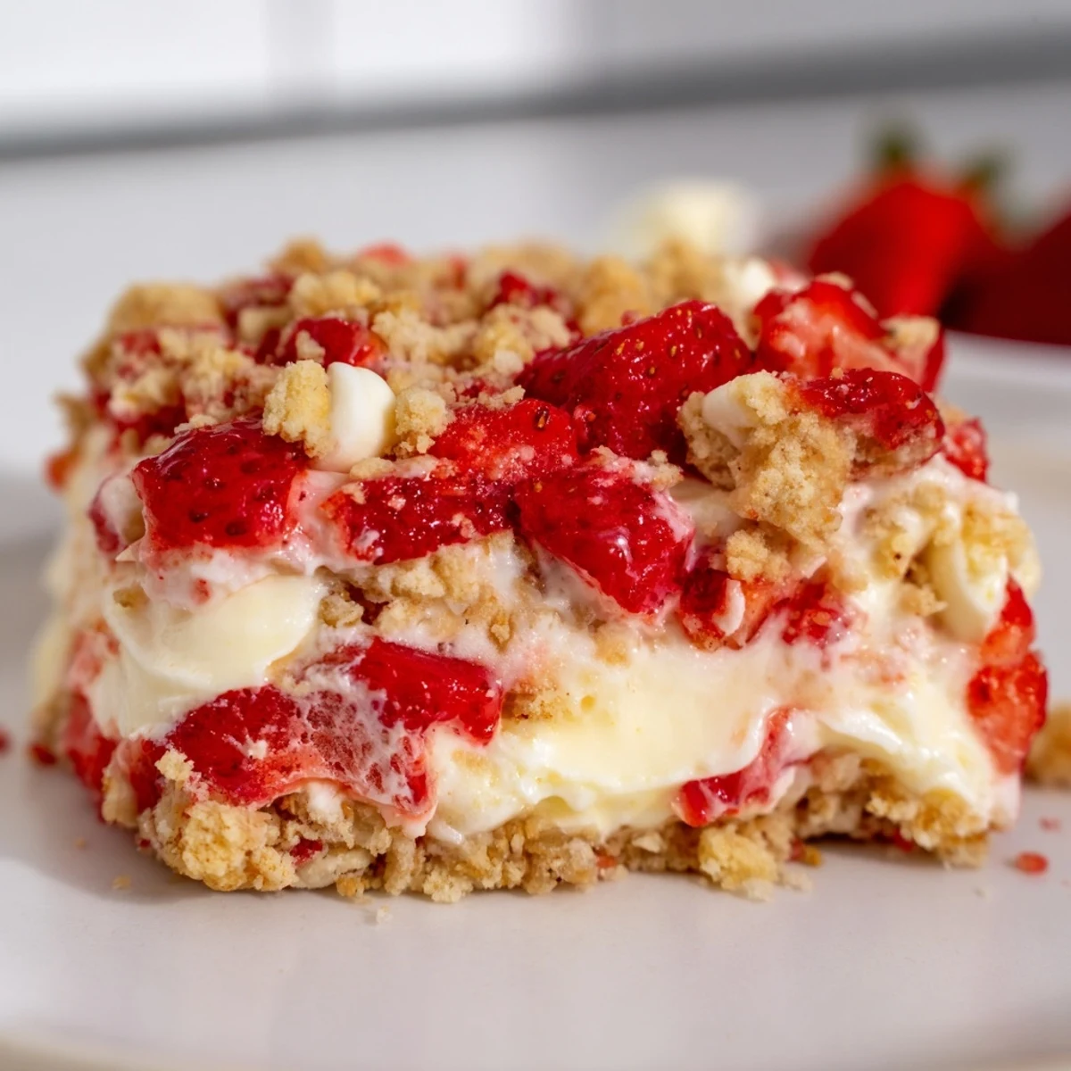 Layered strawberry cheesecake crunch in glass showing white cream sweet fruit and buttery topping