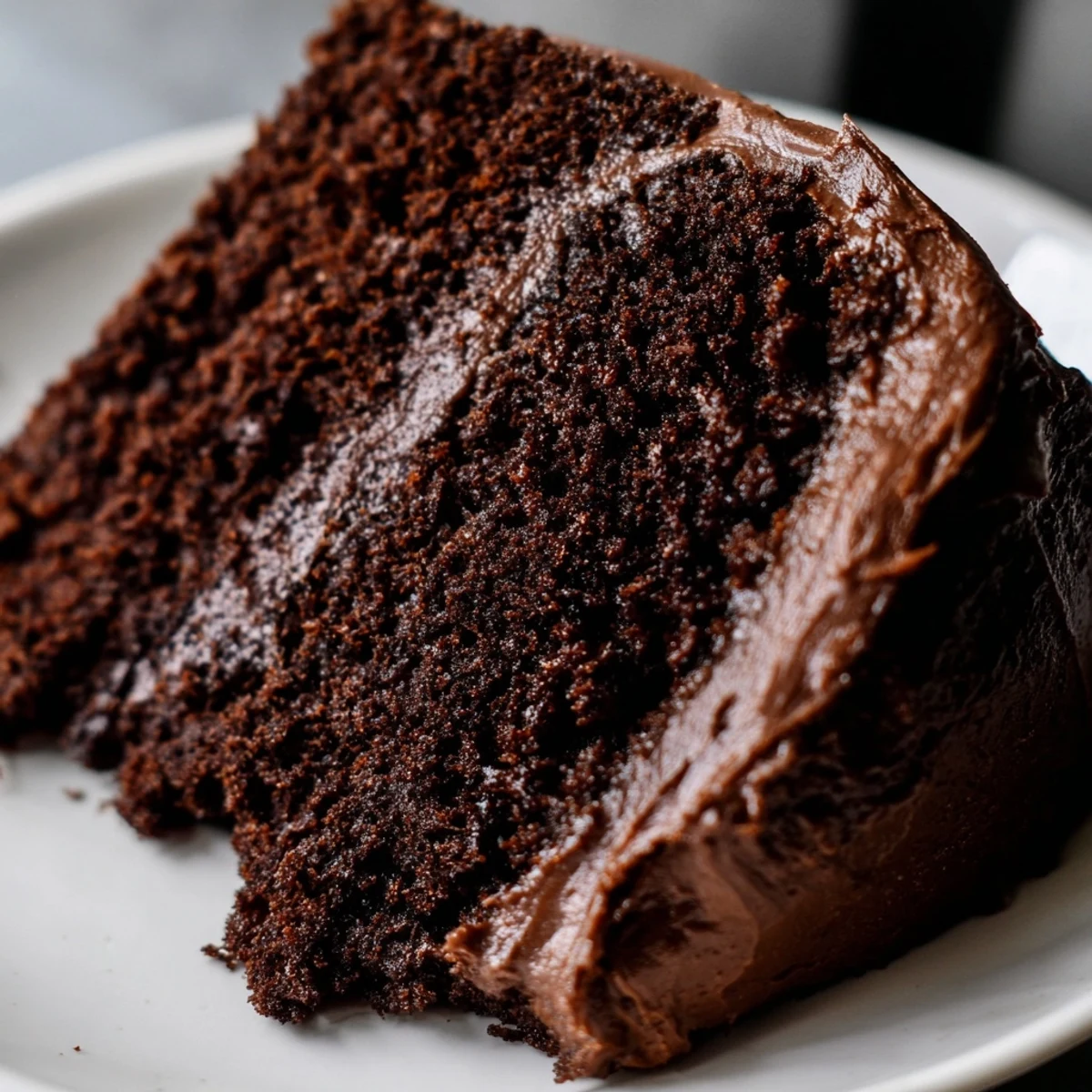 Slice of chocolate cake with mayonnaise topped with creamy frosting on a white serving plate