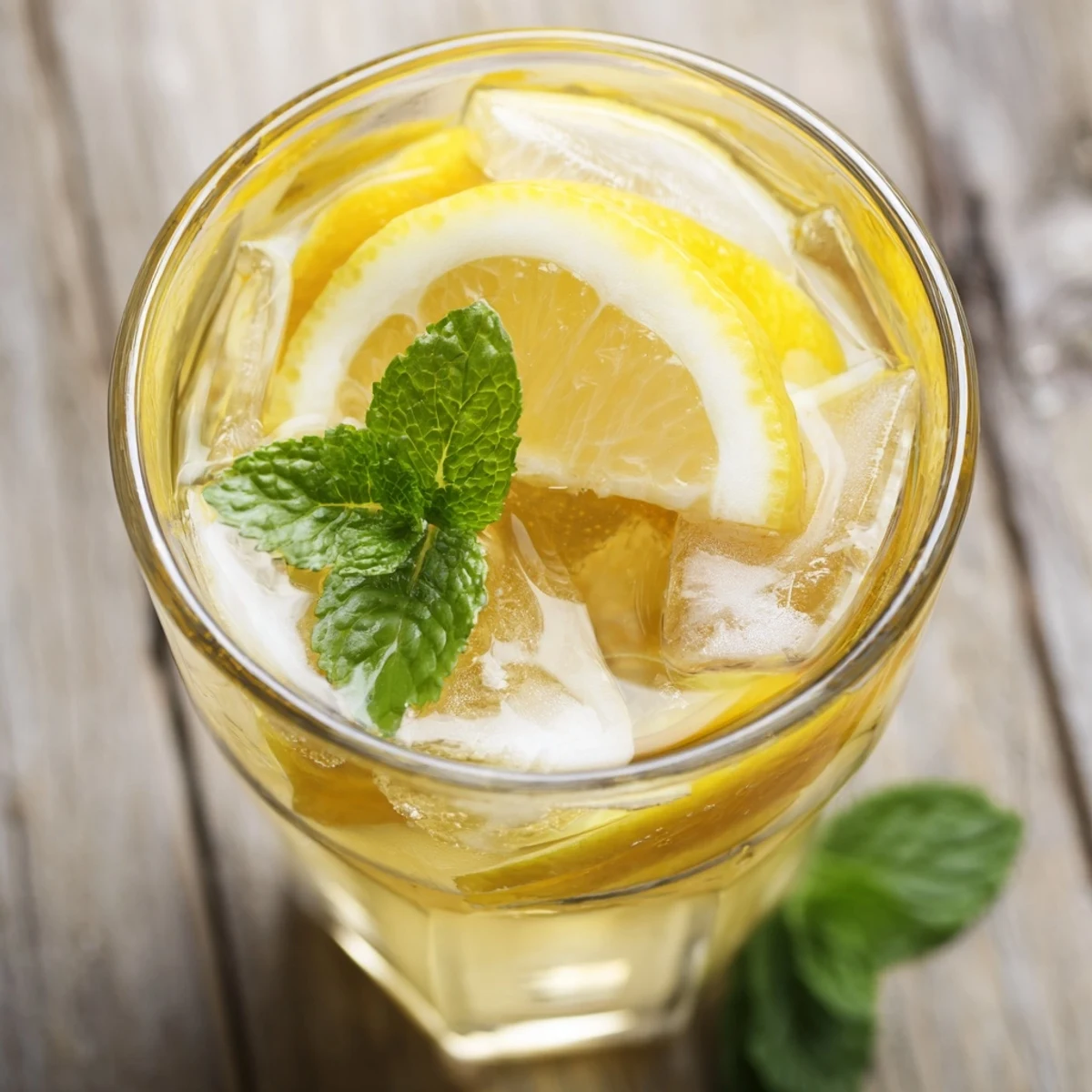 Refreshing homemade lemonade with ice cubes and fresh lemon slices garnish in a clear glass pitcher