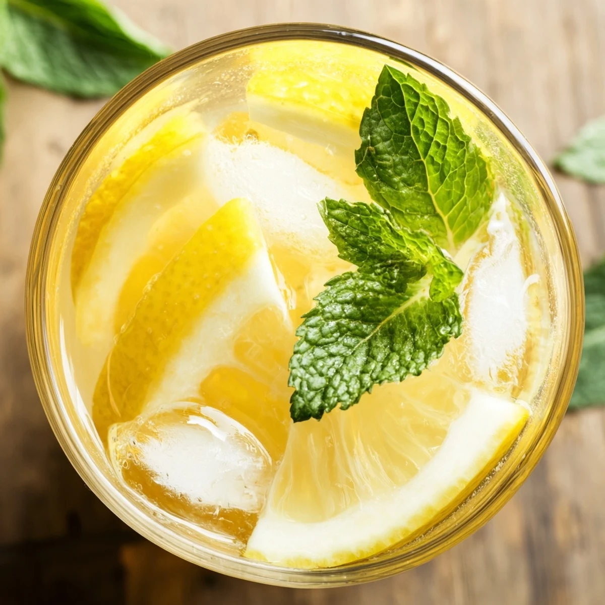 Classic lemonade drink prepared with fresh citrus juice, sugar, and cold water topped with lemon wheel garnish