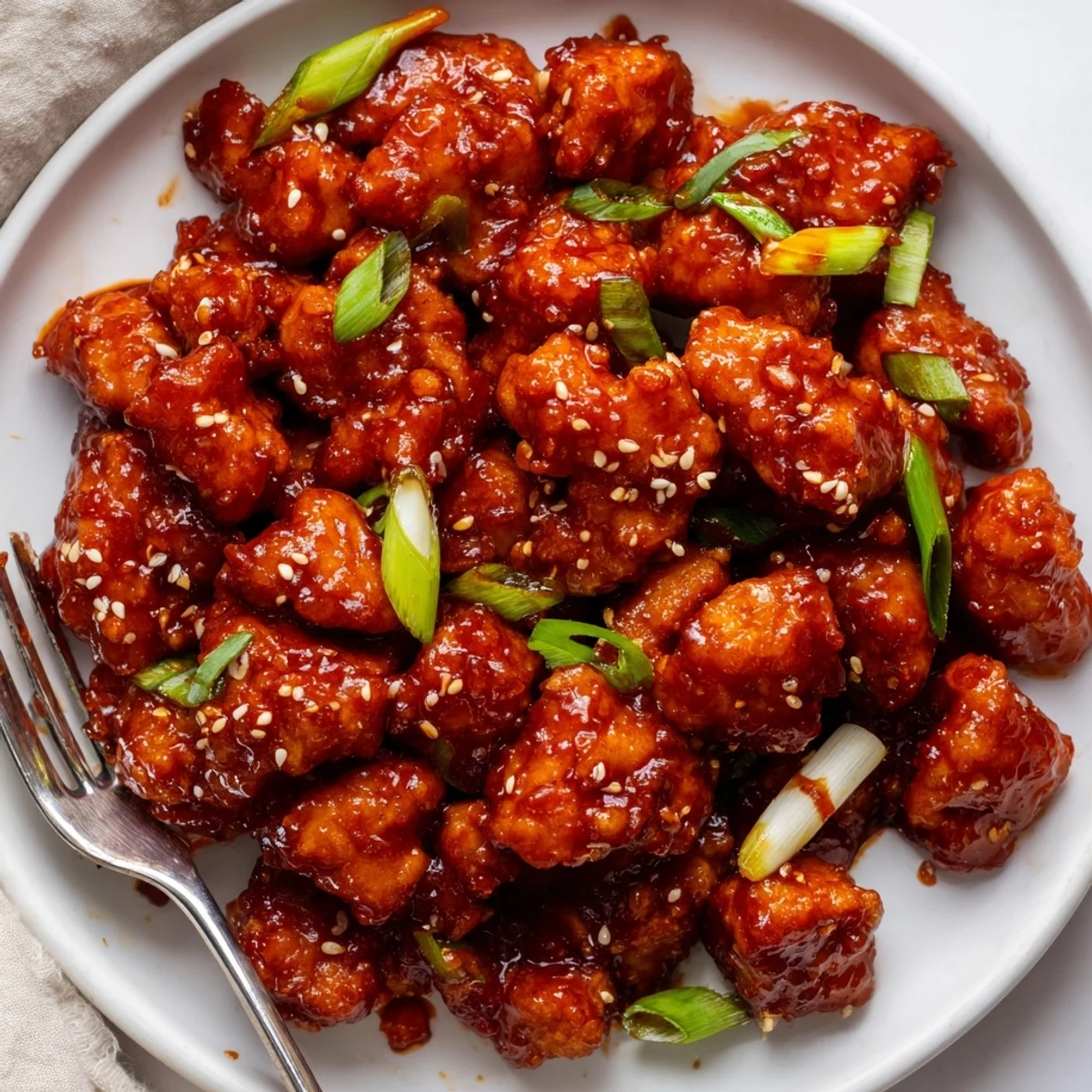 Ground Tso's chicken served in a glossy sweet and tangy sauce over white rice