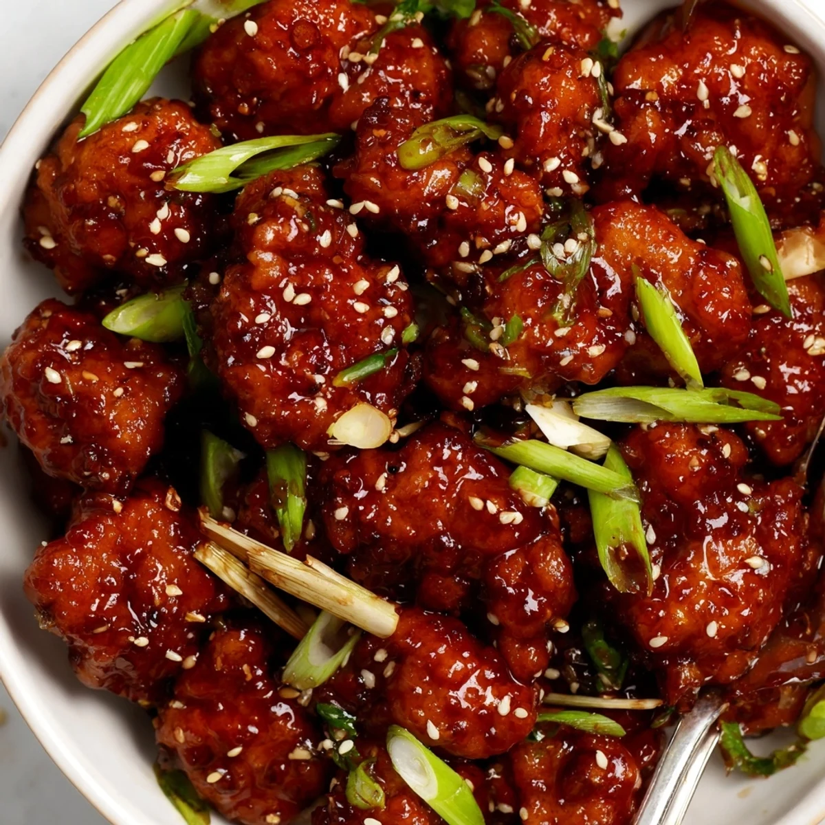Bowl of ground Tso's chicken garnished with sesame seeds and fresh green onion slices