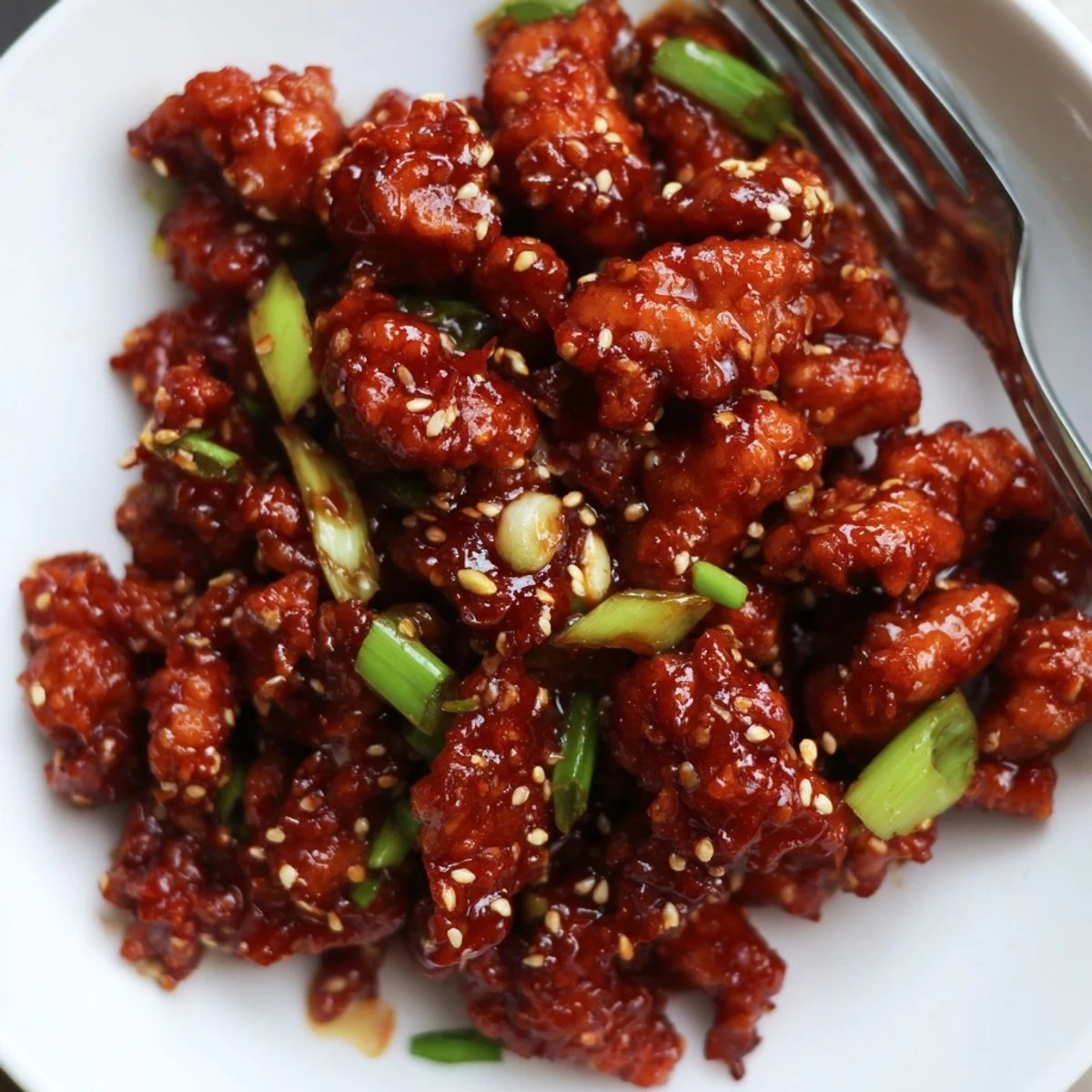 Savory ground Tso's chicken stir-fried with aromatics and coated in thick spicy glaze