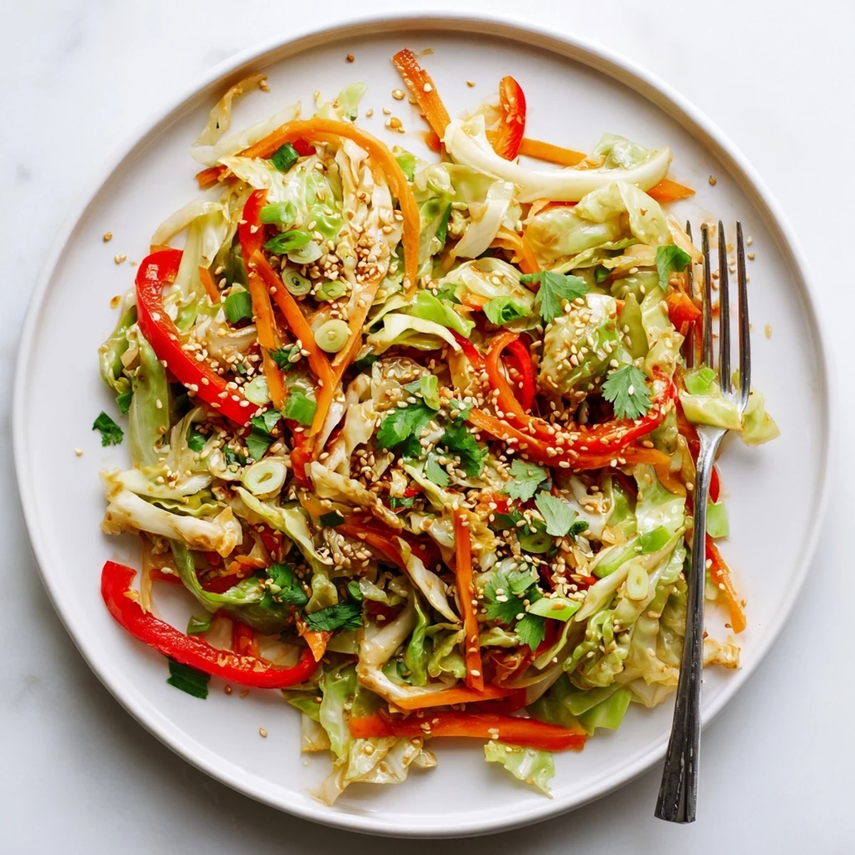 Fresh cabbage stir fry recipe plated with sesame seeds and green onion garnish