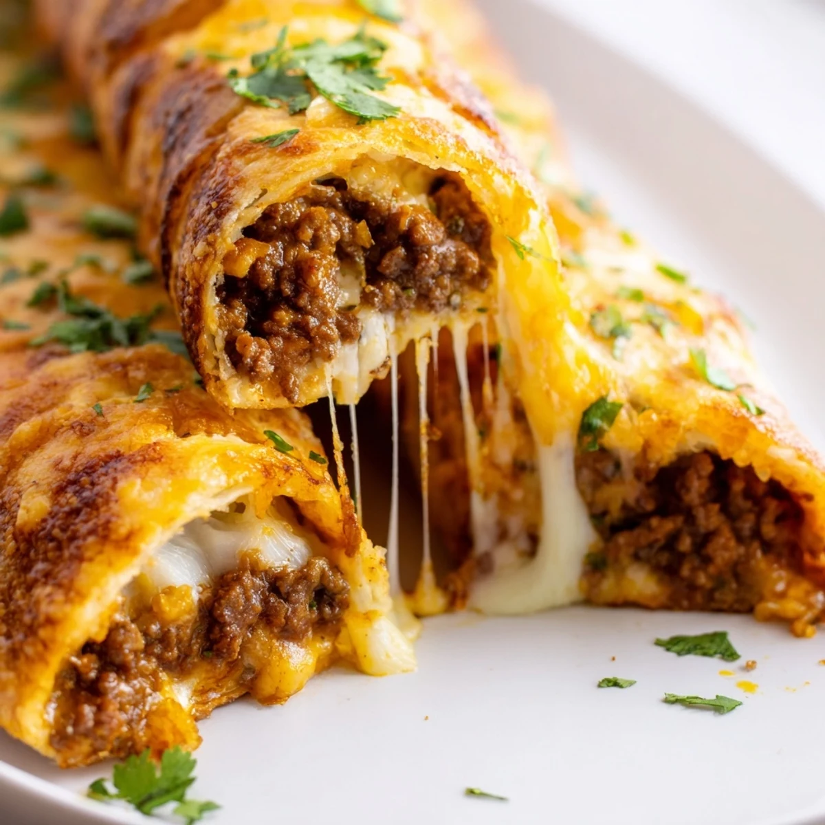 Golden brown cheesy taco sticks stuffed with seasoned beef and melted cheddar mozzarella cheese