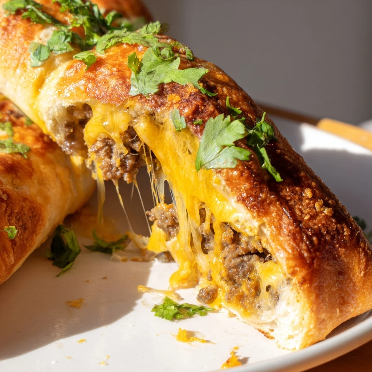 Warm taco sticks recipe featuring crispy seasoned beef filling with melted shredded cheese inside golden dough