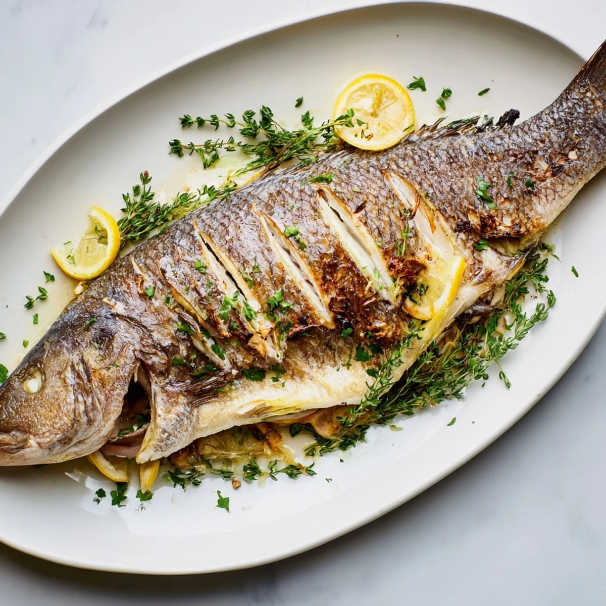 Golden whole roasted fish with crispy skin garnished with fresh parsley and lemon wedges on a white serving platter