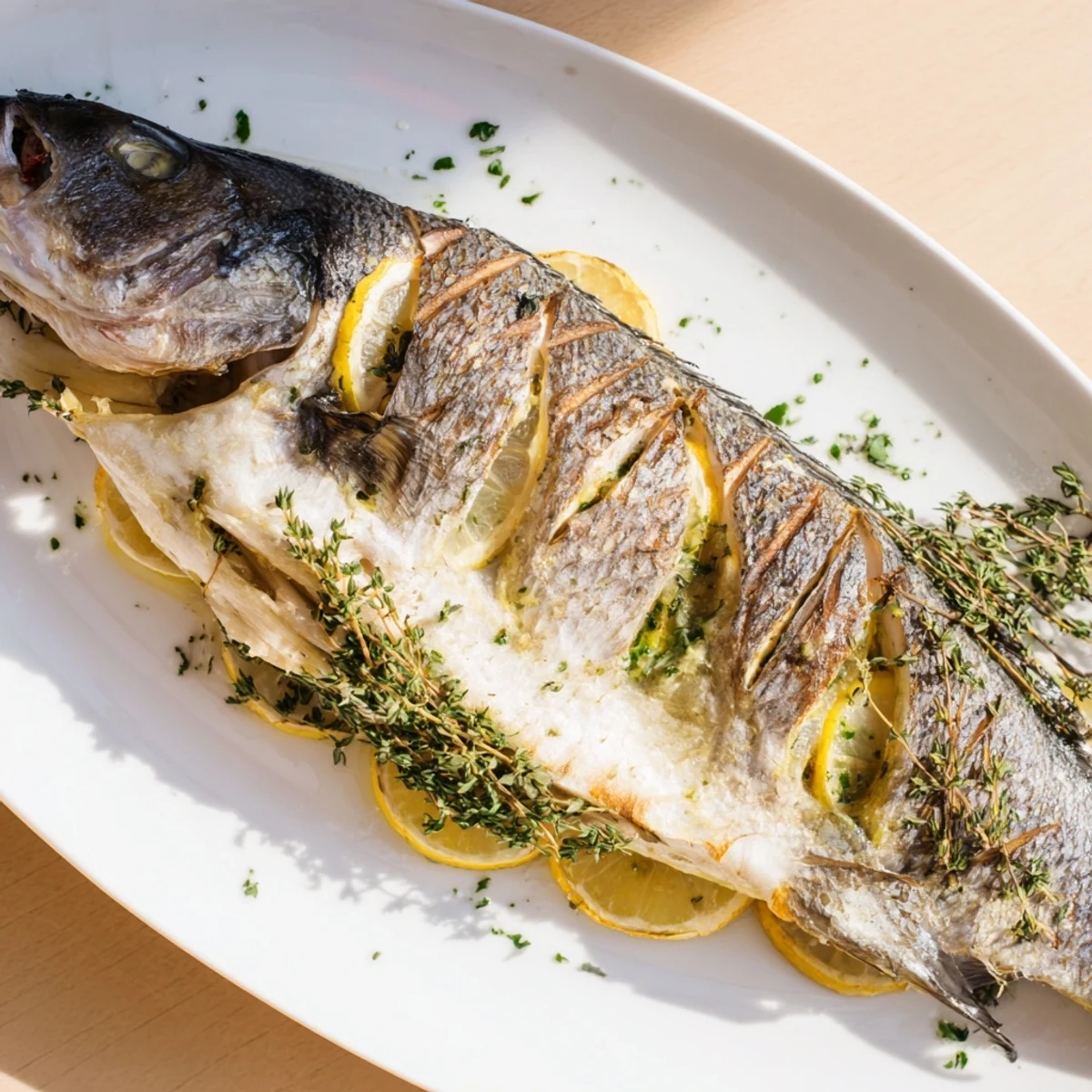 Mediterranean style whole roasted fish featuring perfectly crisp golden skin and aromatic herb lemon stuffing