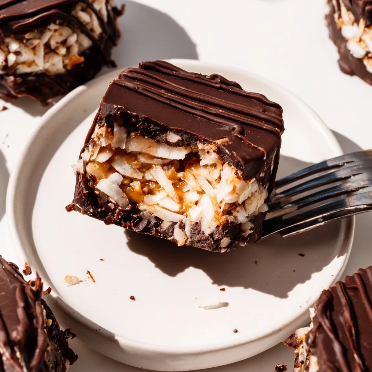 Chocolate-dipped no bake Samoa bites featuring creamy caramel coconut layers on a white baking sheet