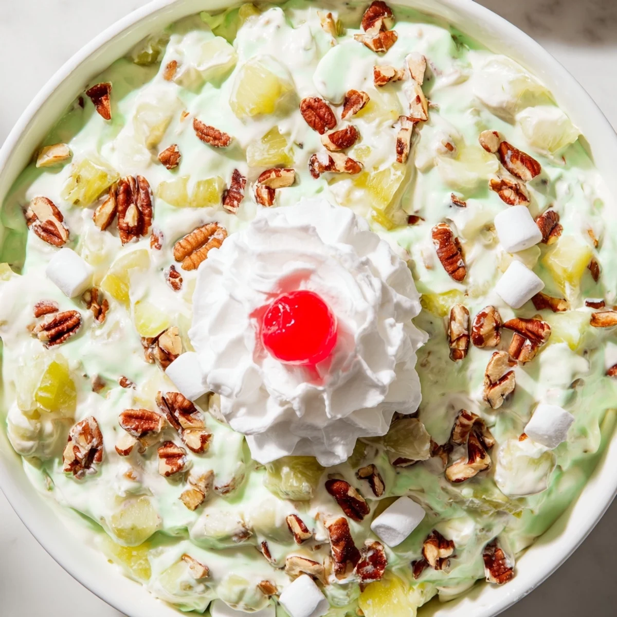 Retro Watergate Salad recipe in a serving dish showing creamy pistachio texture with chopped walnuts and cherry garnish