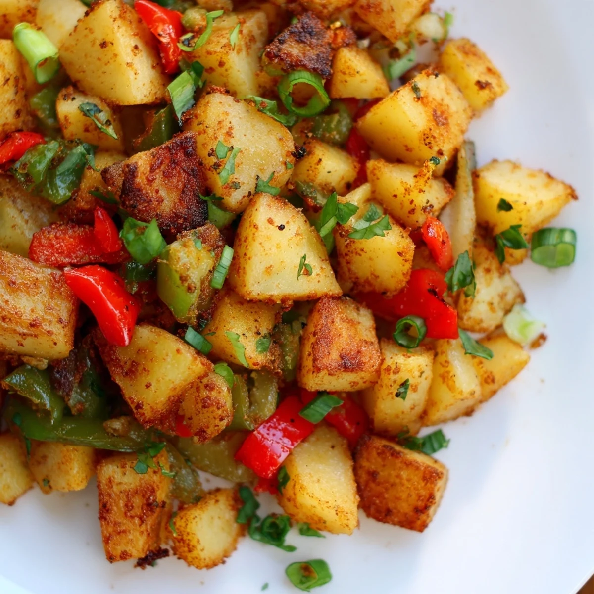 Southwestern-style green chile hash featuring Yukon Gold potatoes, diced vegetables, and optional fried egg topping.