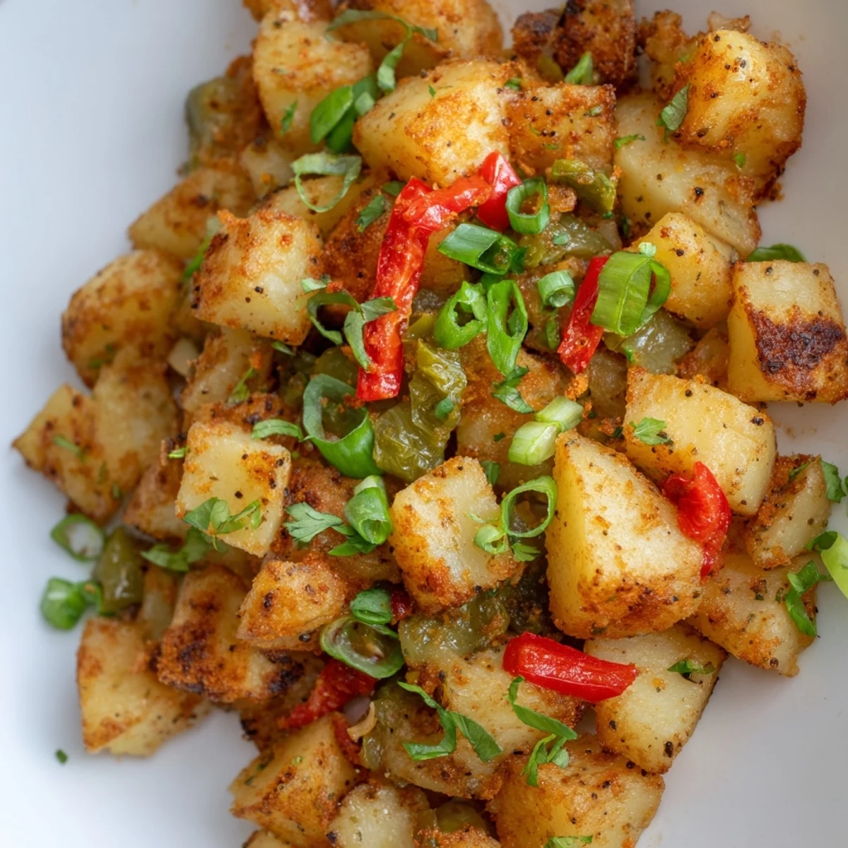 Golden green chile hash with crispy potatoes, roasted peppers, and fresh cilantro garnish on a white plate.