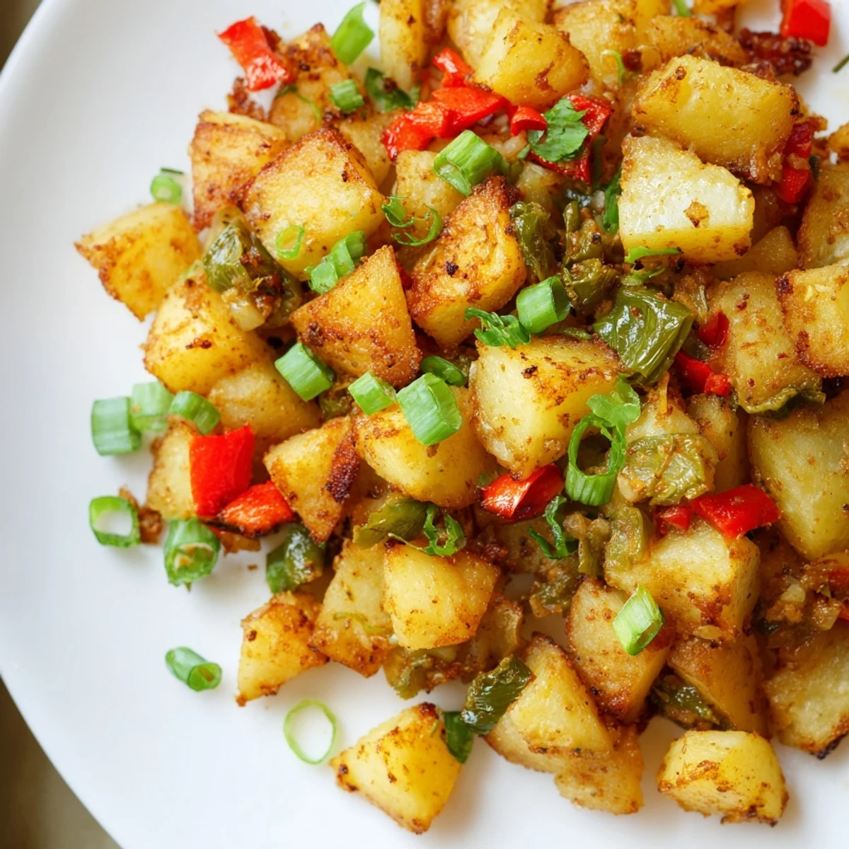 Hearty bowl of green chile hash with caramelized onions, red bell peppers, and green onions.