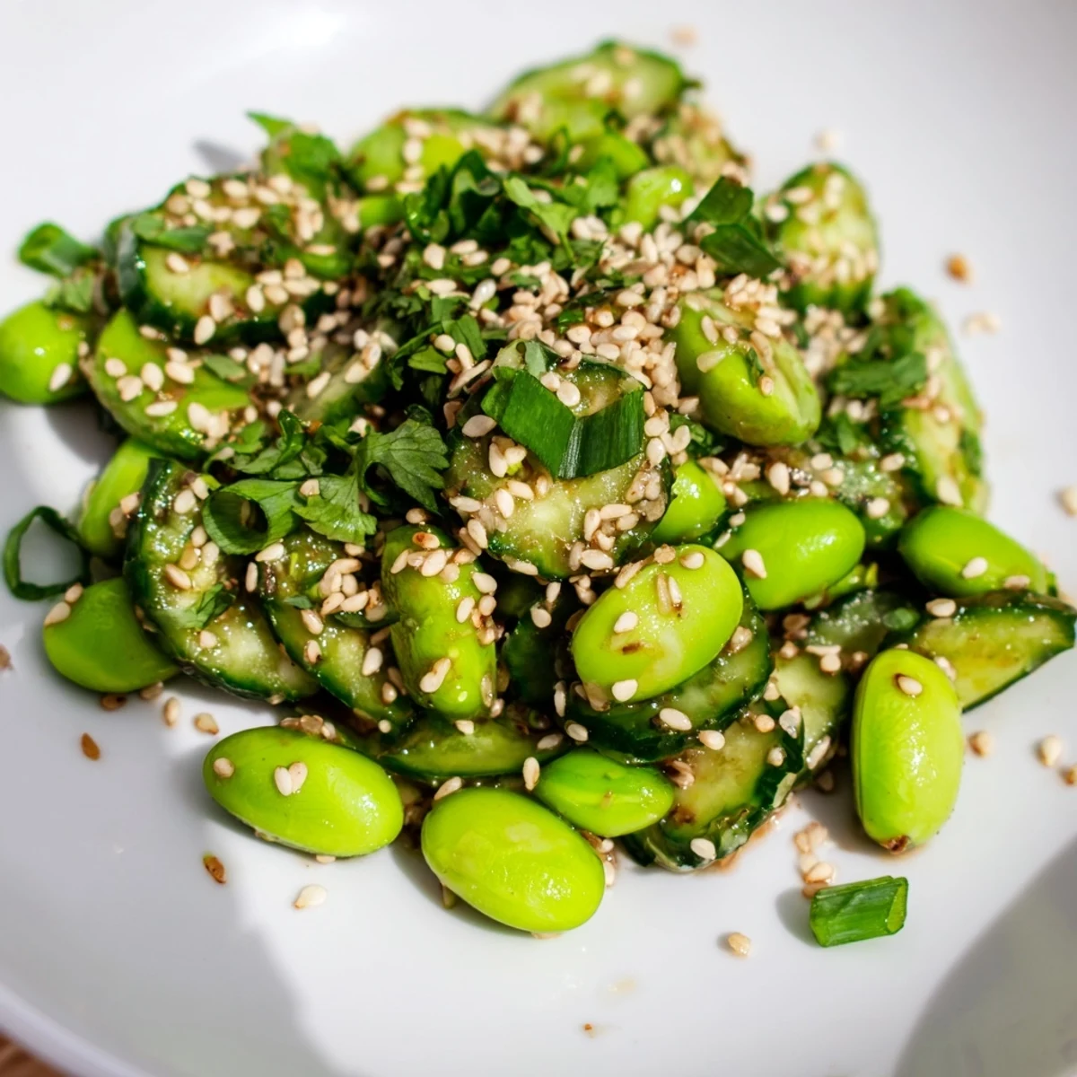 Fresh Japanese edamame cucumber salad with crisp vegetables and sesame dressing in white bowl