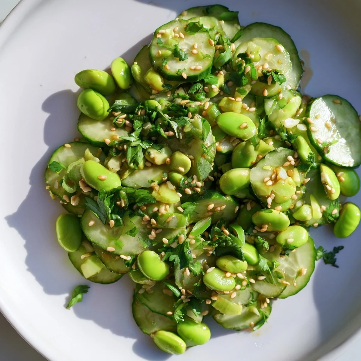 Light and healthy Japanese cucumber edamame salad garnished with sesame seeds and fresh cilantro