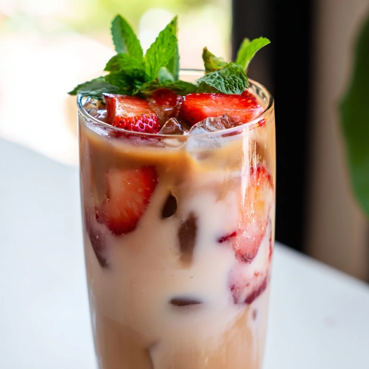 Glass of creamy strawberry Earl Grey milk tea topped with fresh strawberry slices and mint leaves