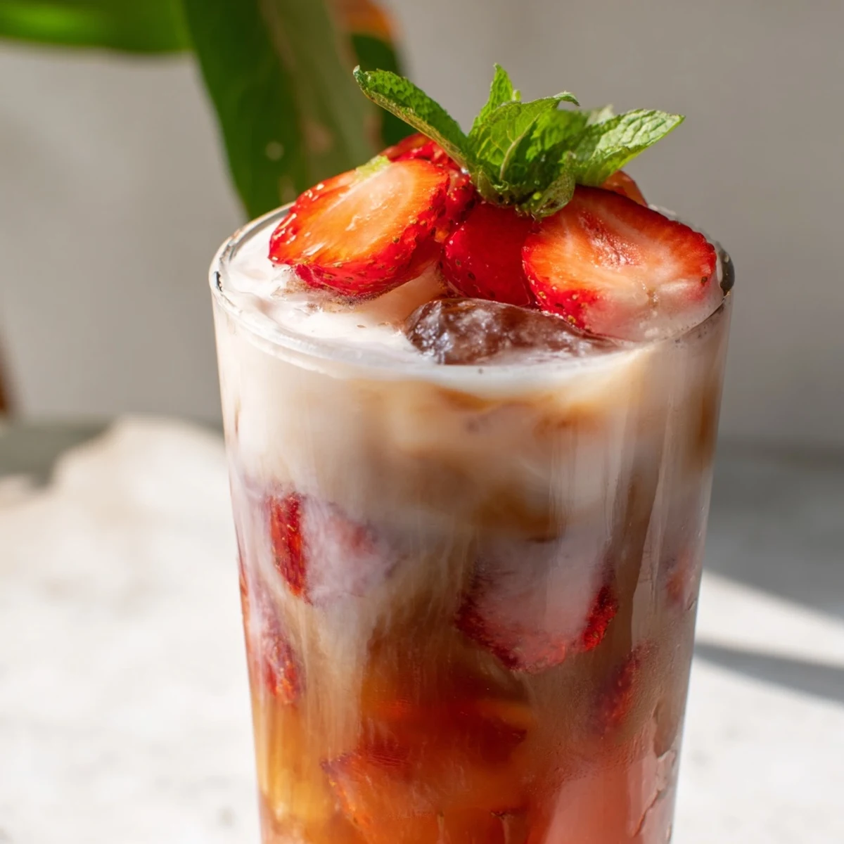 Creamy Earl Grey milk tea blended with sweet strawberry syrup and ice for a refreshing pink beverage