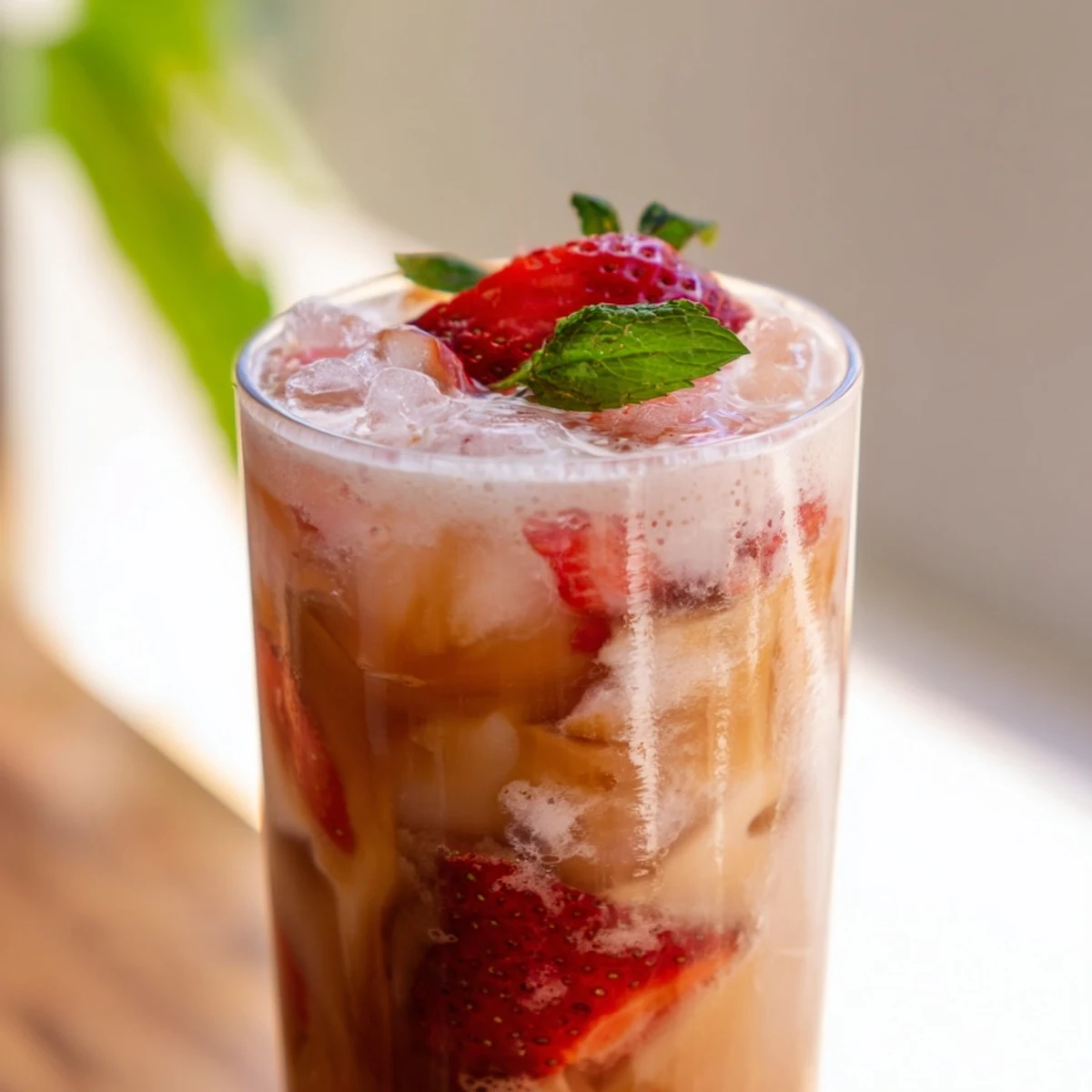 Iced strawberry Earl Grey milk tea served in a tall glass with vibrant red strawberry garnish