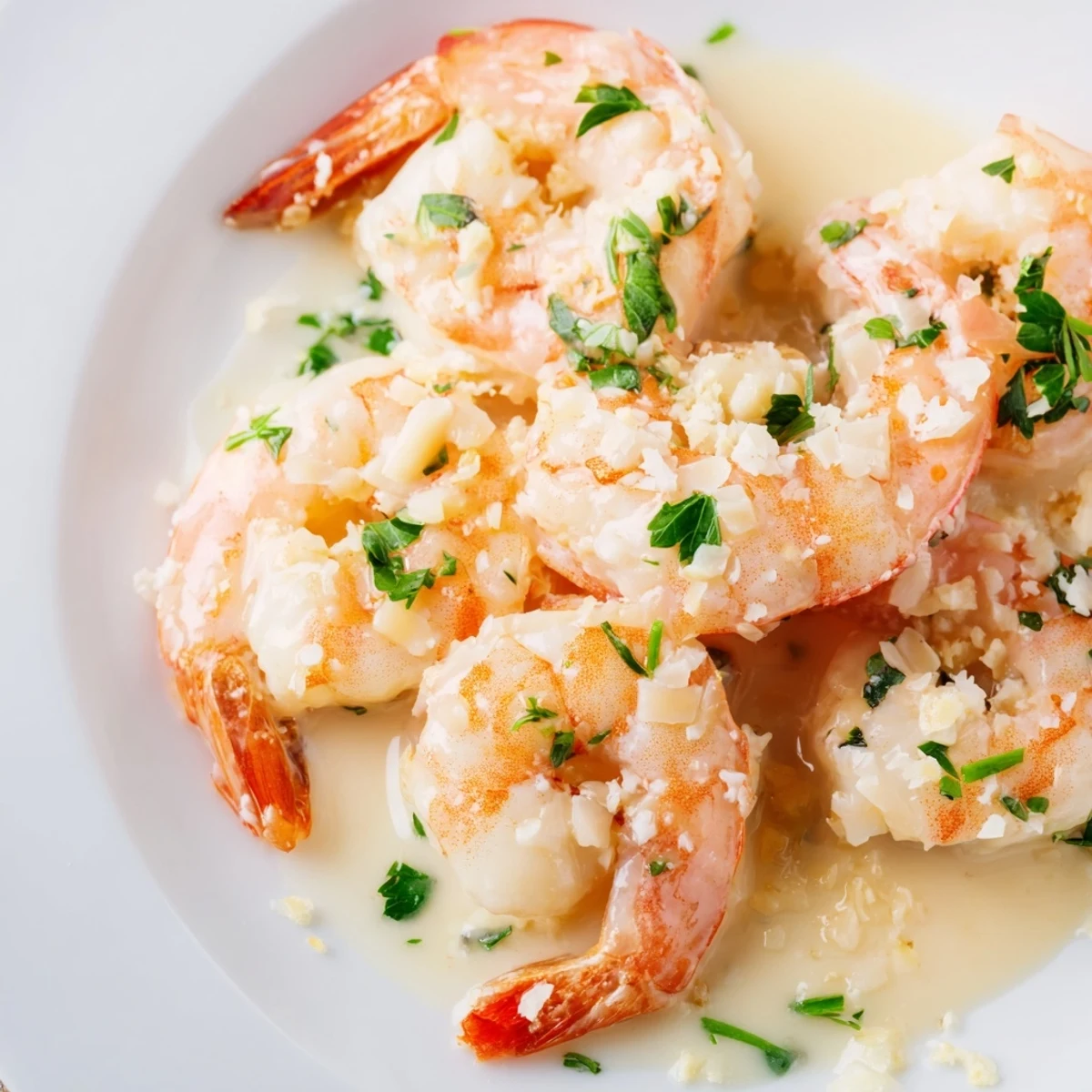 Golden shrimp swimming in a velvety garlic cream sauce with fresh parsley garnish