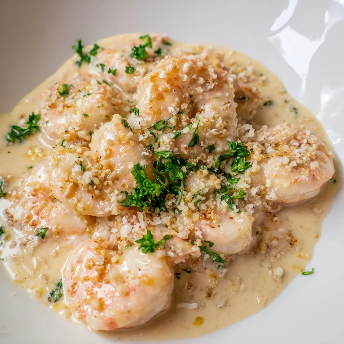 Succulent garlic cream shrimp plated with rich white sauce and lemon wedges
