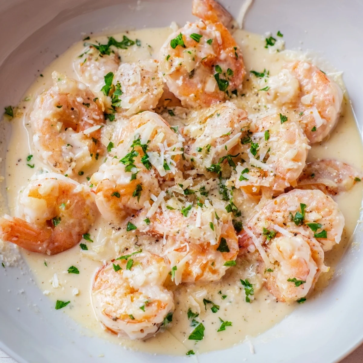 Tender shrimp coated in silky parmesan garlic cream sauce served in white bowl