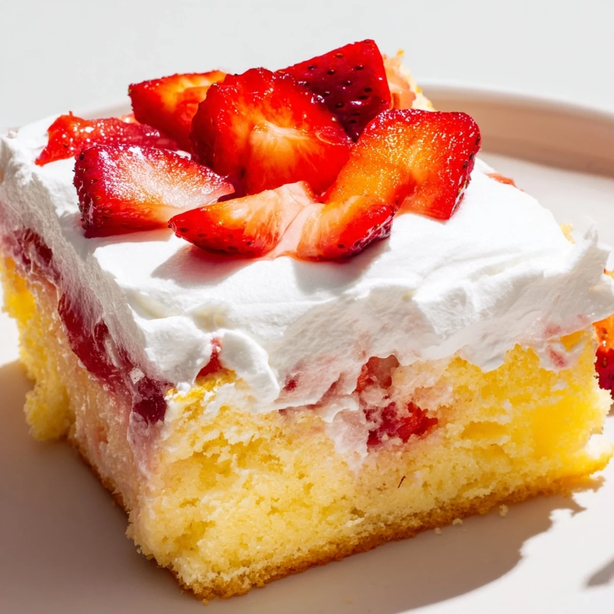 Slice of strawberry gelatin cake showcasing bright red gelatin layers atop fluffy whipped cream topped with fresh berries