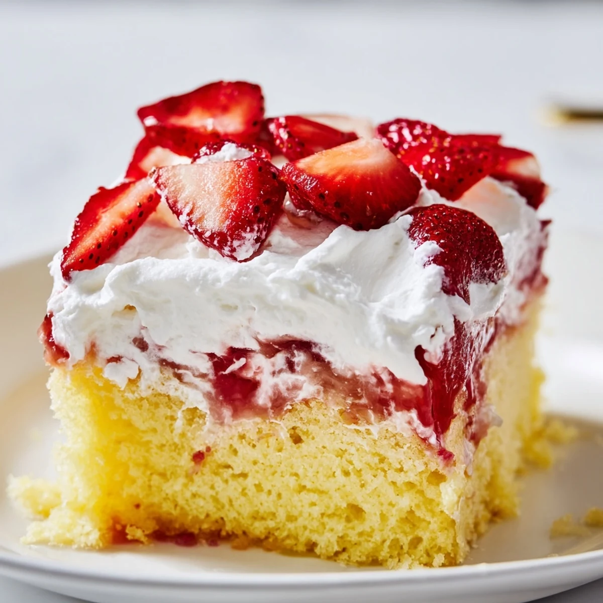 Summer strawberry gelatin cake cut into squares revealing ruby red gelatin throughout the moist yellow cake layers