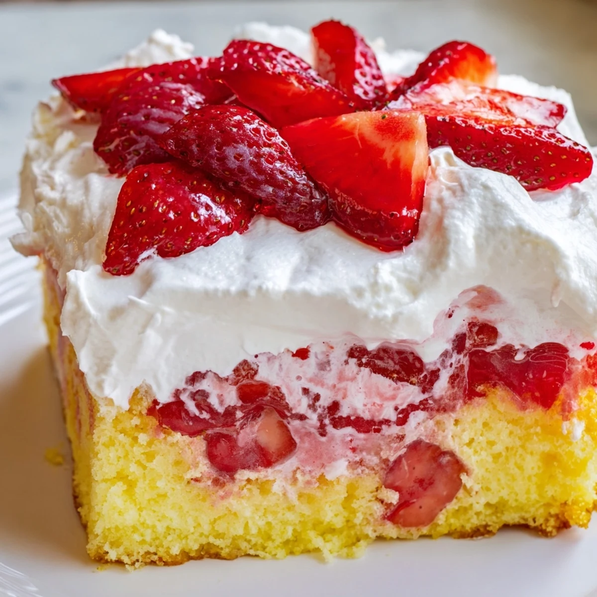 Light and refreshing strawberry gelatin cake dessert with white cake base and billowy whipped topping garnished with mint