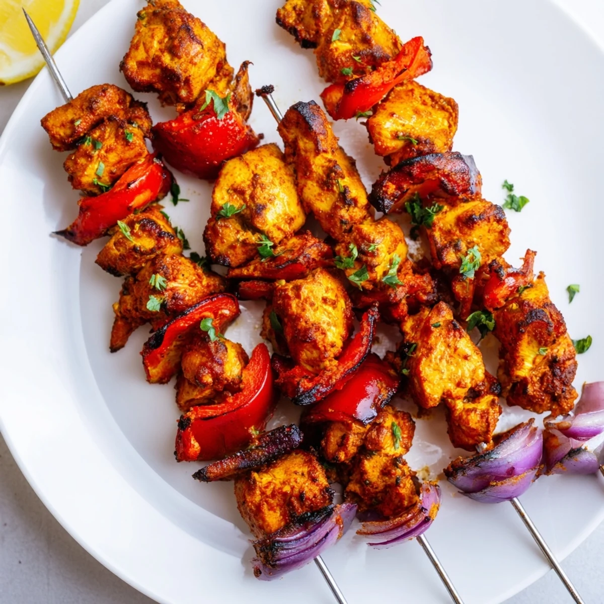 Tandoori Chicken Tikka Skewers sizzling with charred edges, garnished with lemon.