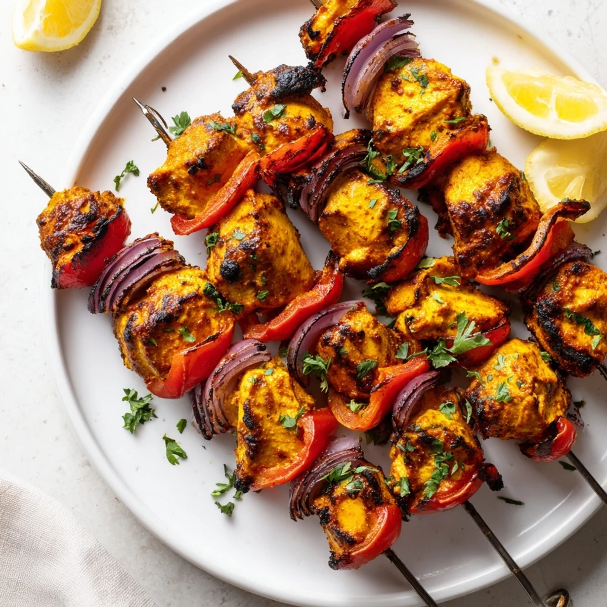 Grilled Tandoori Chicken Tikka Skewers marinated in yogurt, smoky, served hot.