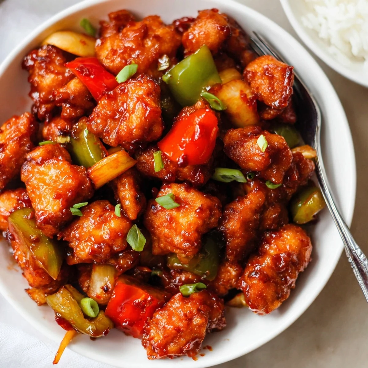 Crunchy fried bites of Flavorful Chilli Chicken Indo Chinese served over rice