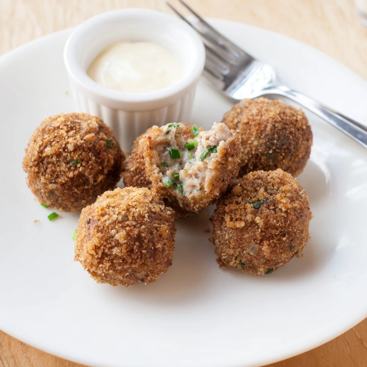 Cajun Boudin Balls reveal spicy pork and rice filling, crunchy breadcrumb exterior  