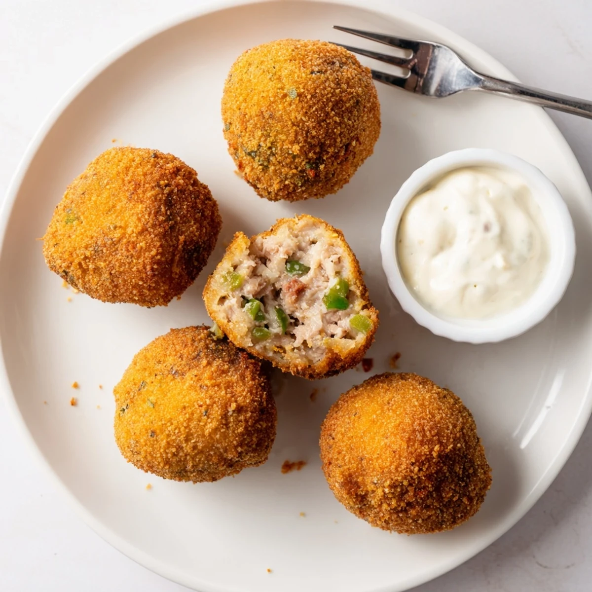 Cajun Boudin Balls golden and crispy, steaming on platter with remoulade  