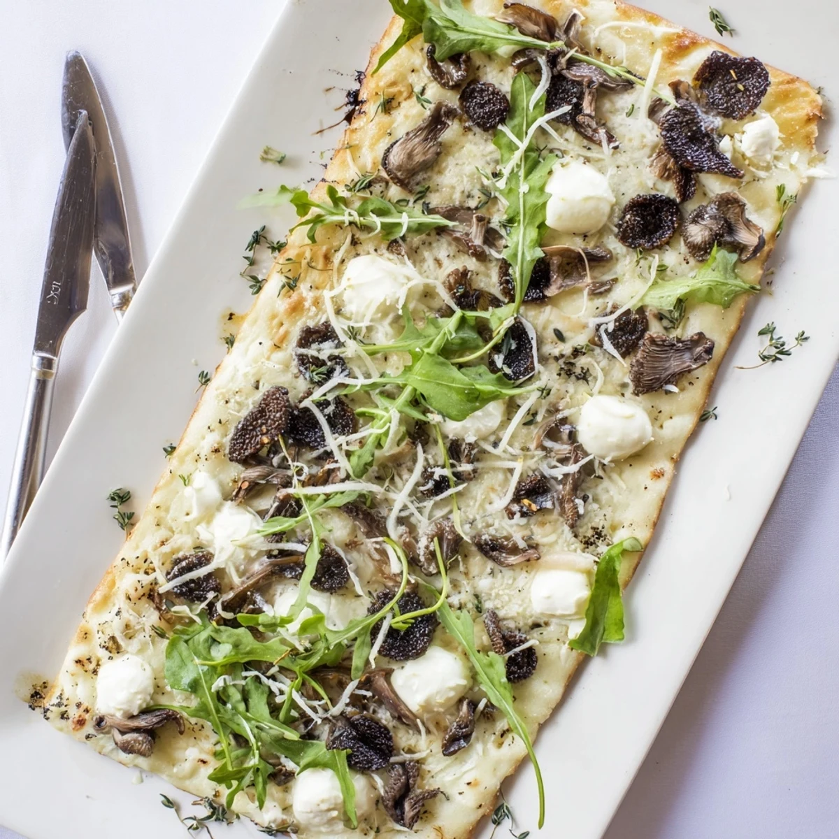 Crispy flatbread topped with sautéed morel mushrooms, fresh arugula, and truffle oil
