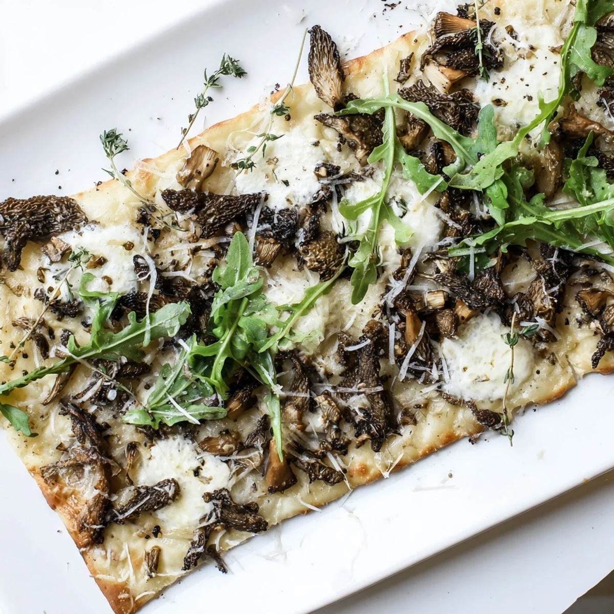 Golden morel mushroom arugula flatbread with truffle oil drizzle and melted mozzarella
