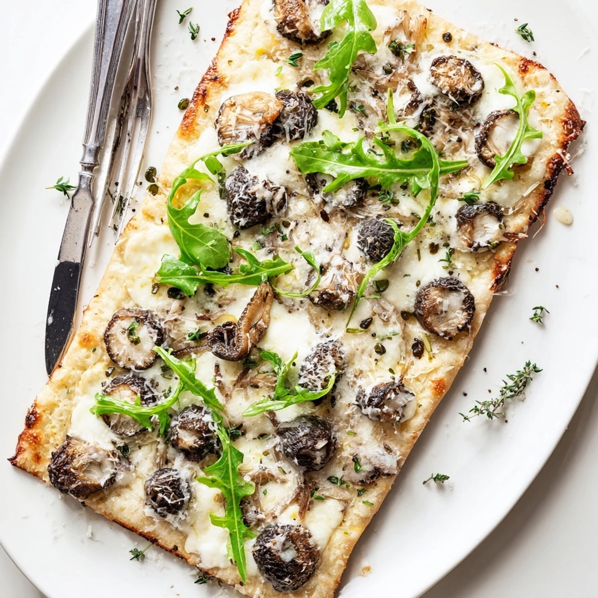 Gourmet morel mushroom flatbread featuring arugula, goat cheese, and luxurious truffle oil