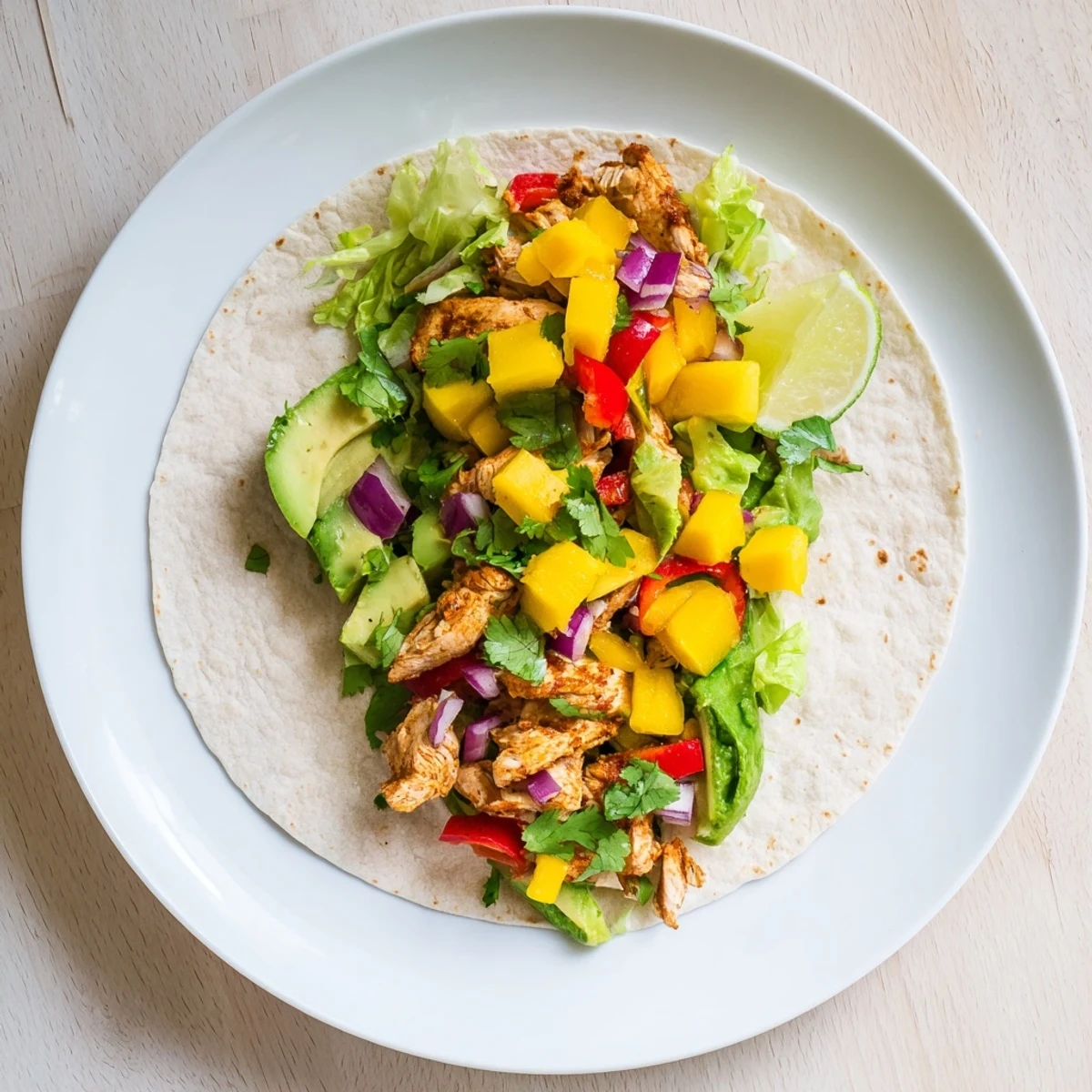 Golden grilled chicken slices wrapped in warm tortillas with bright avocado mango salsa