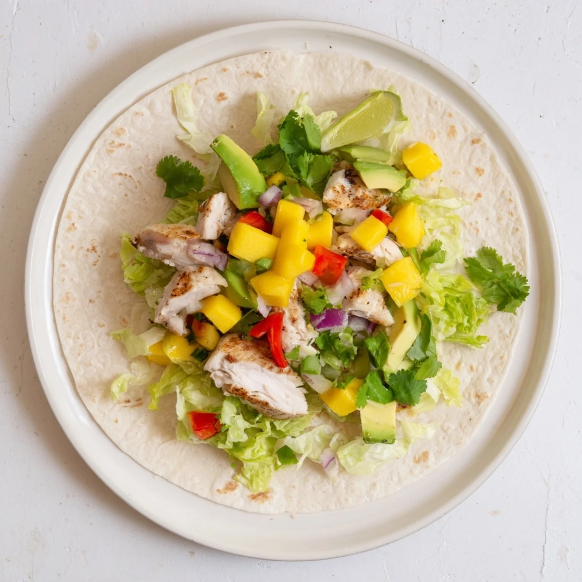 Rustic grilled chicken wraps filled with tender sliced chicken and creamy avocado mango dressing